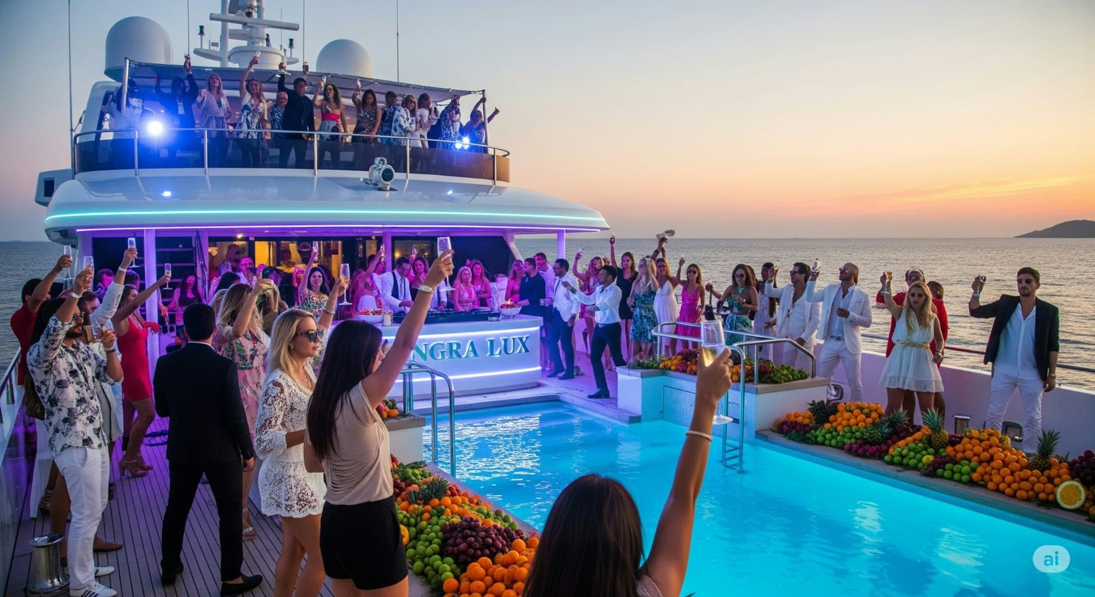Party auf einer Yacht bei Sonnenuntergang